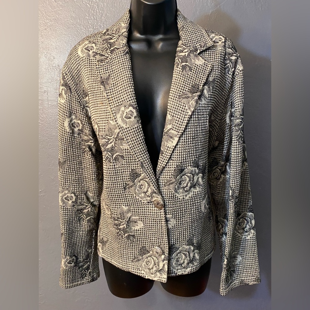 NEW IDENTITY Rose and Houndstoothish Print One Button Blazer